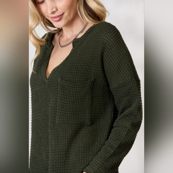 BiBi Designer Olive Notched Popcorn Waffle V-Neck Long Sleeve Top - Picture 6 of 7